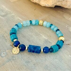 Talbots - Sodalite Blue and Gold Beaded Stretch Bracelet